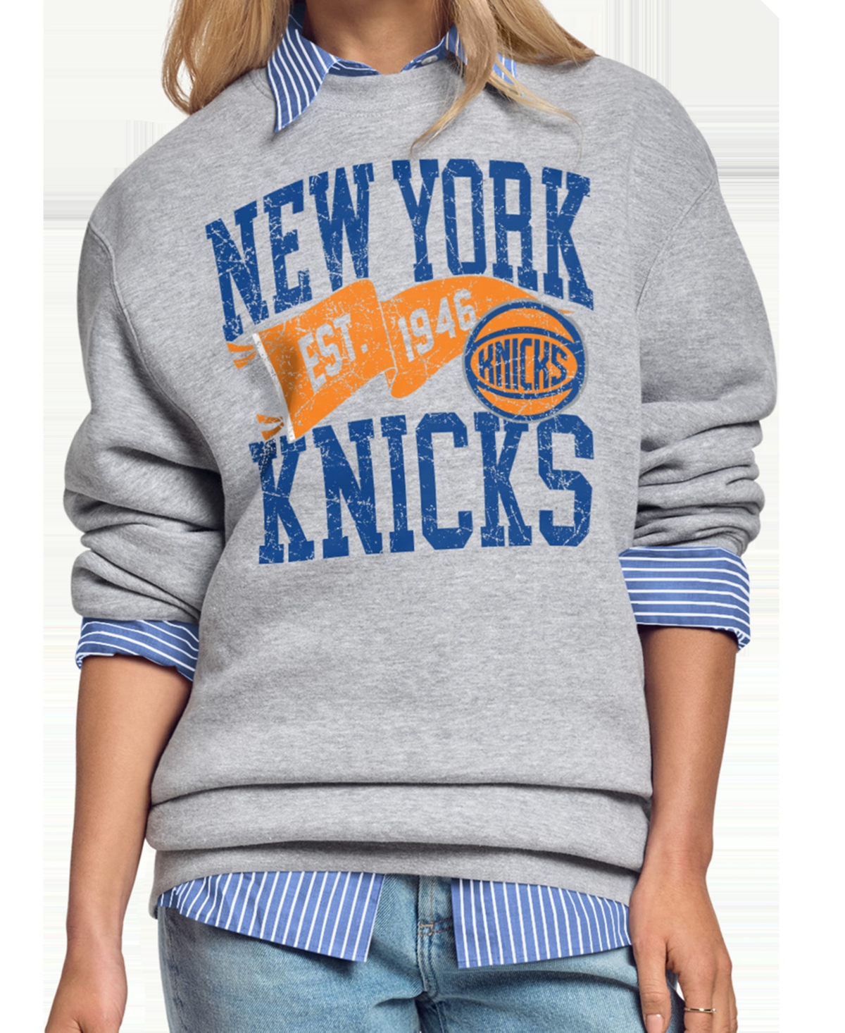 Starter Women's New York Knicks Pennant Retro-inspired Crewneck Sweatshirt In Gray