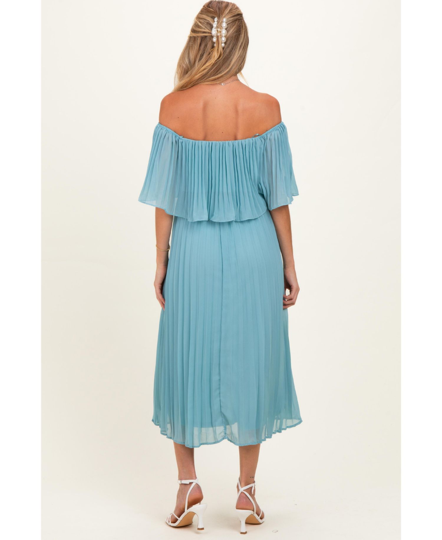 Maternity Pleated Off-the-Shoulder Flounce Midi Dress