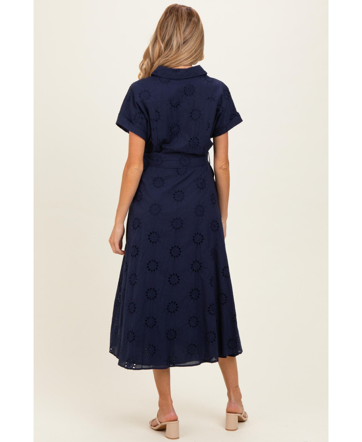 Women's Navy Eyelet Lace Waist Tie Shirt Dress