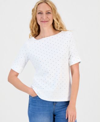 Women's Printed Boat-Neck Elbow Sleeve Top