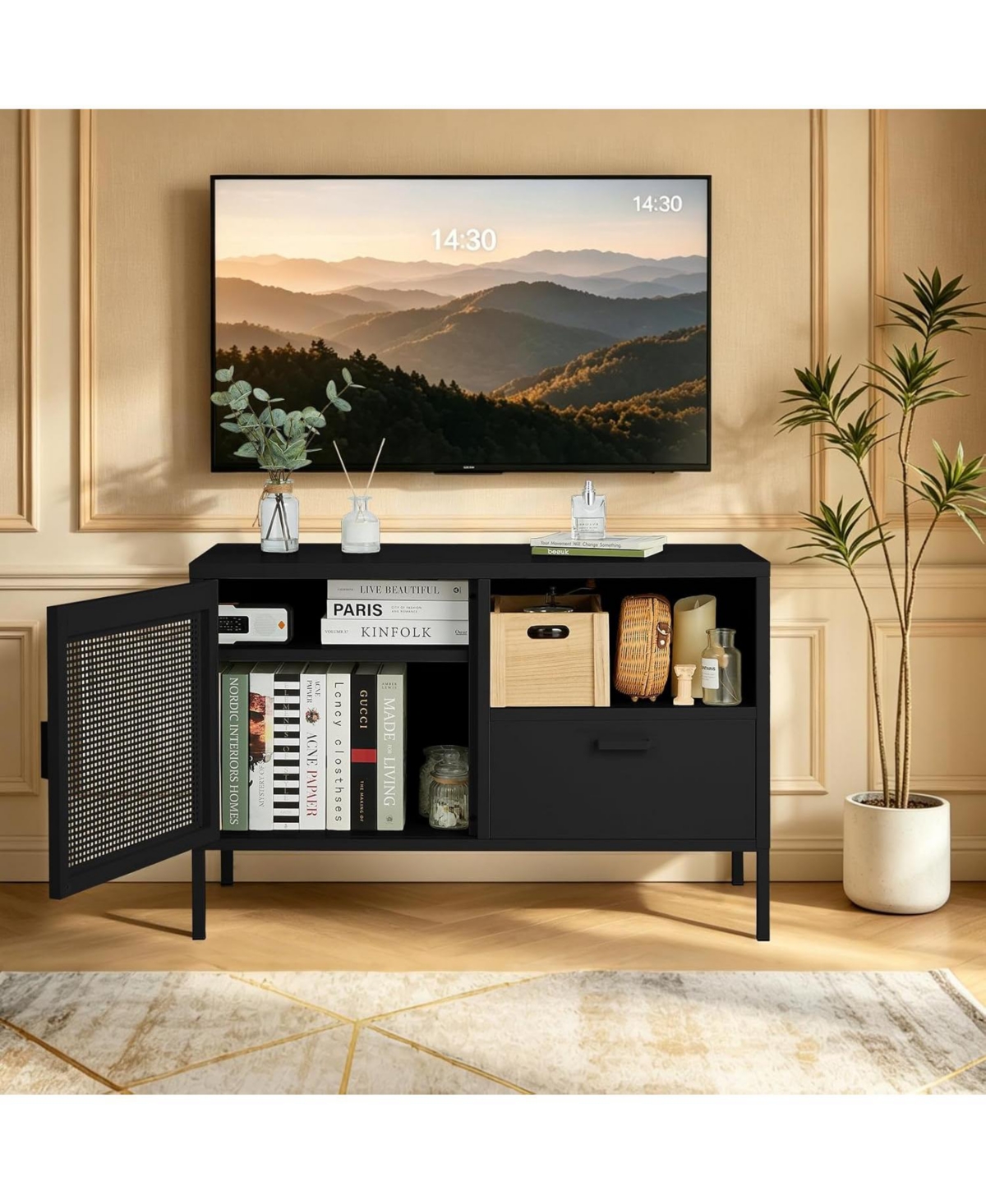 homfan Metal Storage Cabinet Tv Stand with Drawer and Vent Door - 37.8" Media Console with Adjustable Shelf