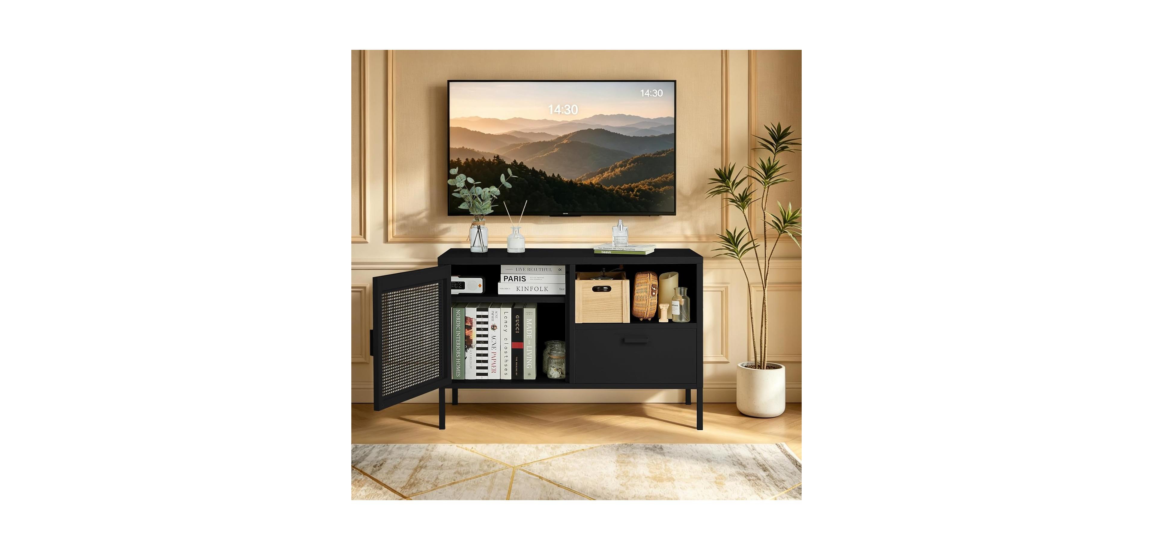 homfan Metal Storage Cabinet Tv Stand with Drawer and Vent Door - 37.8" Media Console with Adjustable Shelf