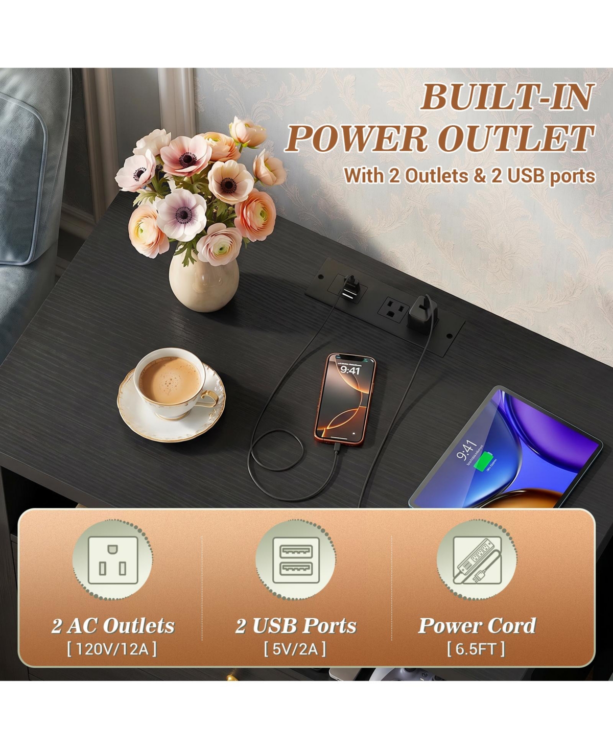 Aheaplus Nightstands Set of 2 with Charging Station and 2-Drawers for Bedroom