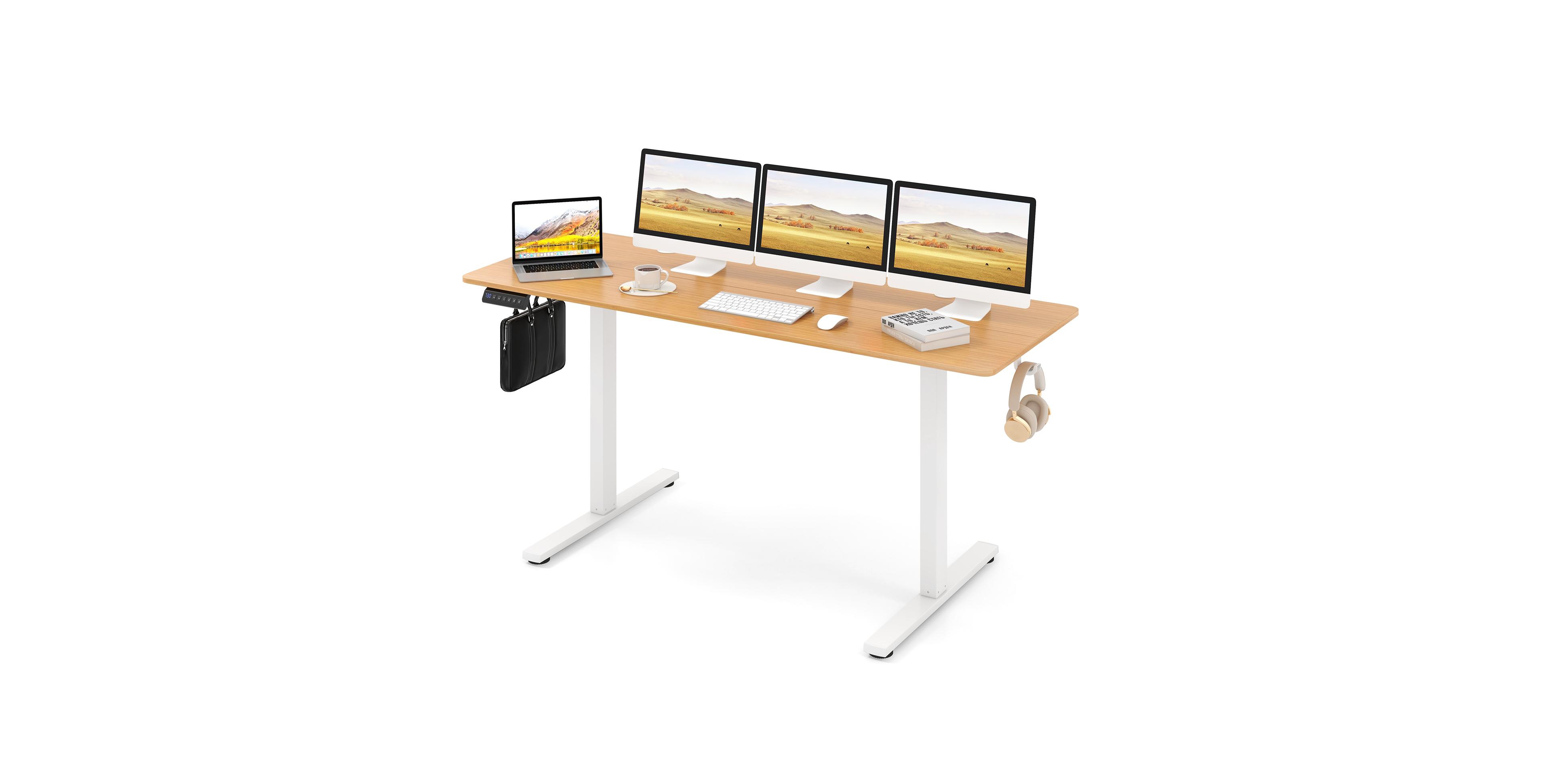 Mecale Electric Standing Desk with 3 Memory Heights and 2 Hanging Hooks and Cable Holes
