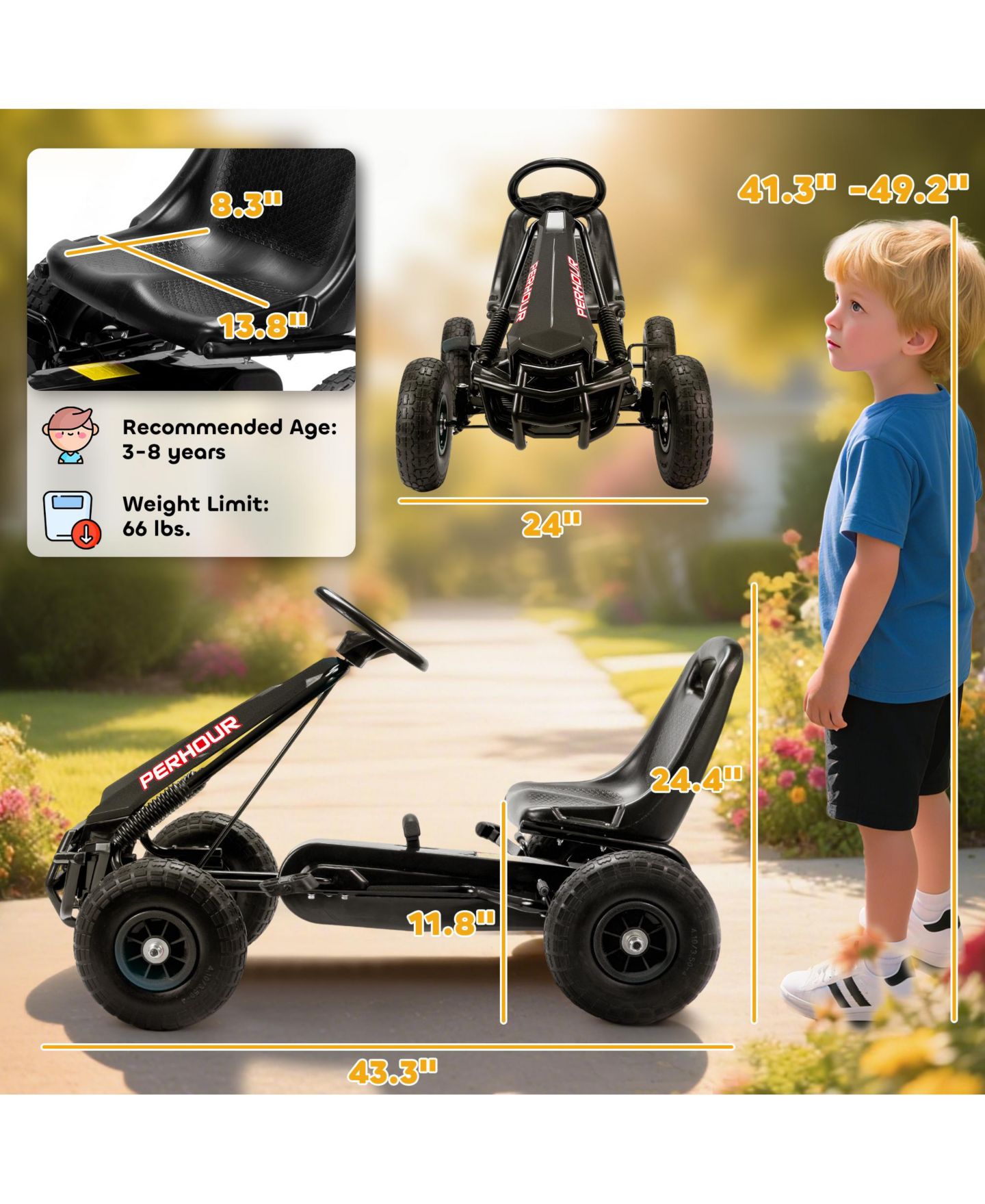 Детская игрушка Qaba Pedal-Powered Go Kart with Adjustable Seat and Eva Tires, 3–8 лет, цвет: Чёрный — фото 3