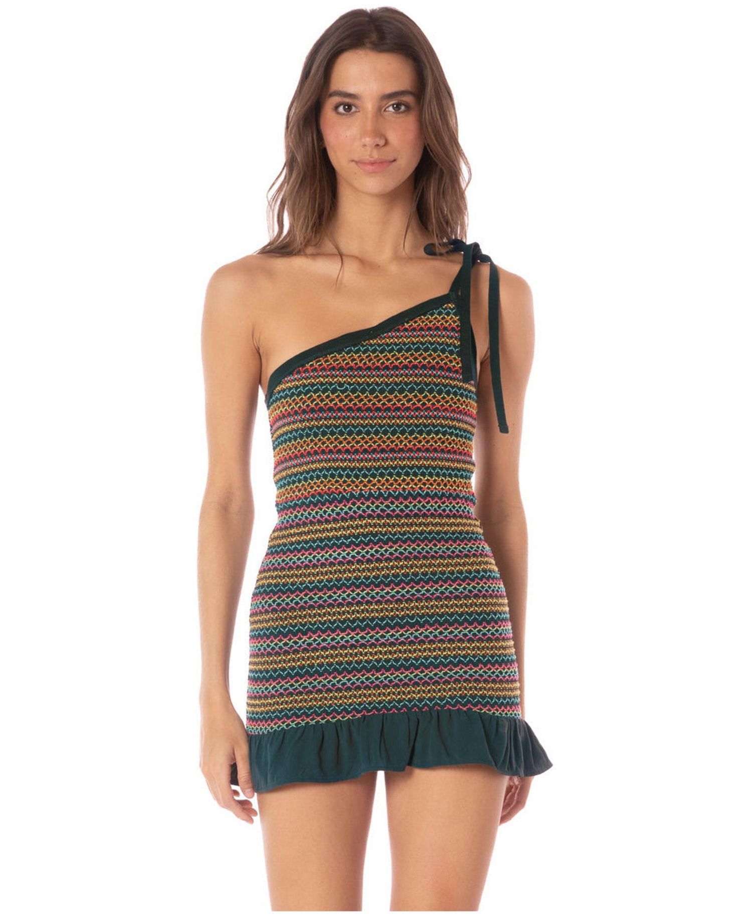 Women's Acid Off-the-Shoulder Smocked Flounce-Hem Mini Dress