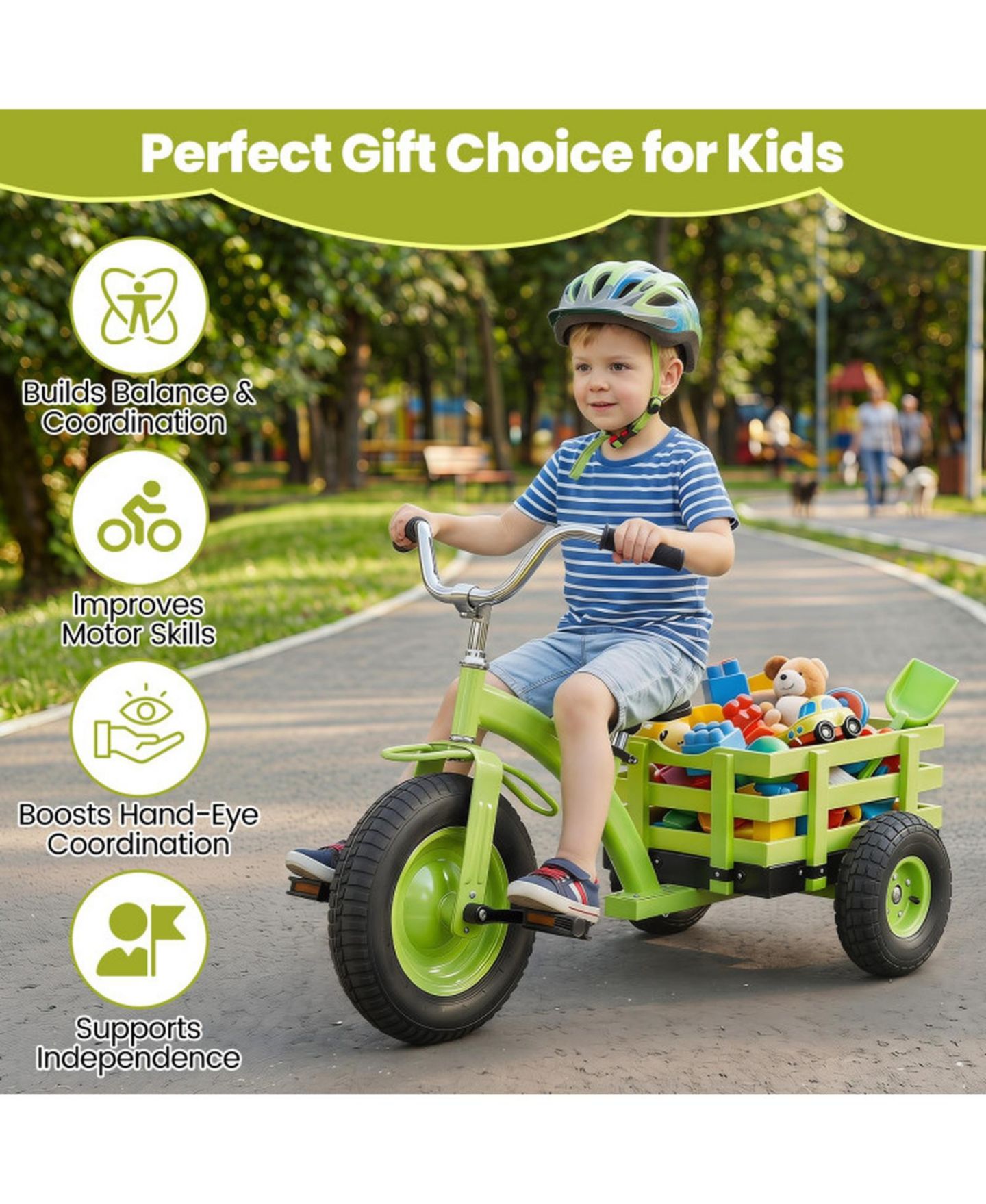 Детская игрушка SUGIFT Kids Tricycle with 15-Inch Inflatable Rubber Tires and Rear Wooden Cargo Basket, 200 lbs Capacity, Ages 3+, цвет: Зелёный — фото 4