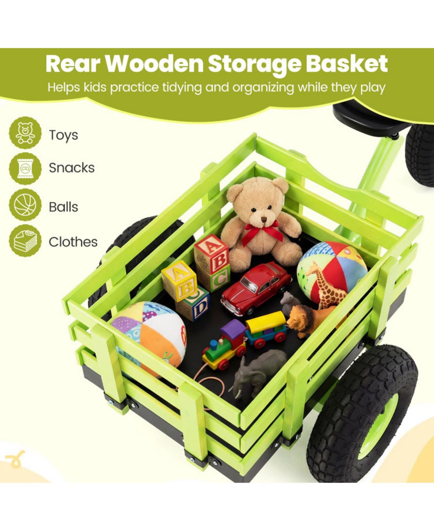 Детская игрушка SUGIFT Kids Tricycle with 15-Inch Inflatable Rubber Tires and Rear Wooden Cargo Basket, 200 lbs Capacity, Ages 3+, цвет: Зелёный — фото 9