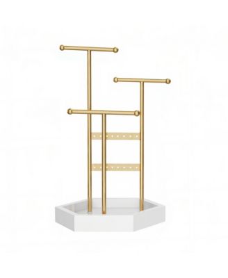 Jewelry Holder, 3-Tier T-Bar Organizer Stand with Hexagon Wood Base, 9 x 7.2 x 14 Inches