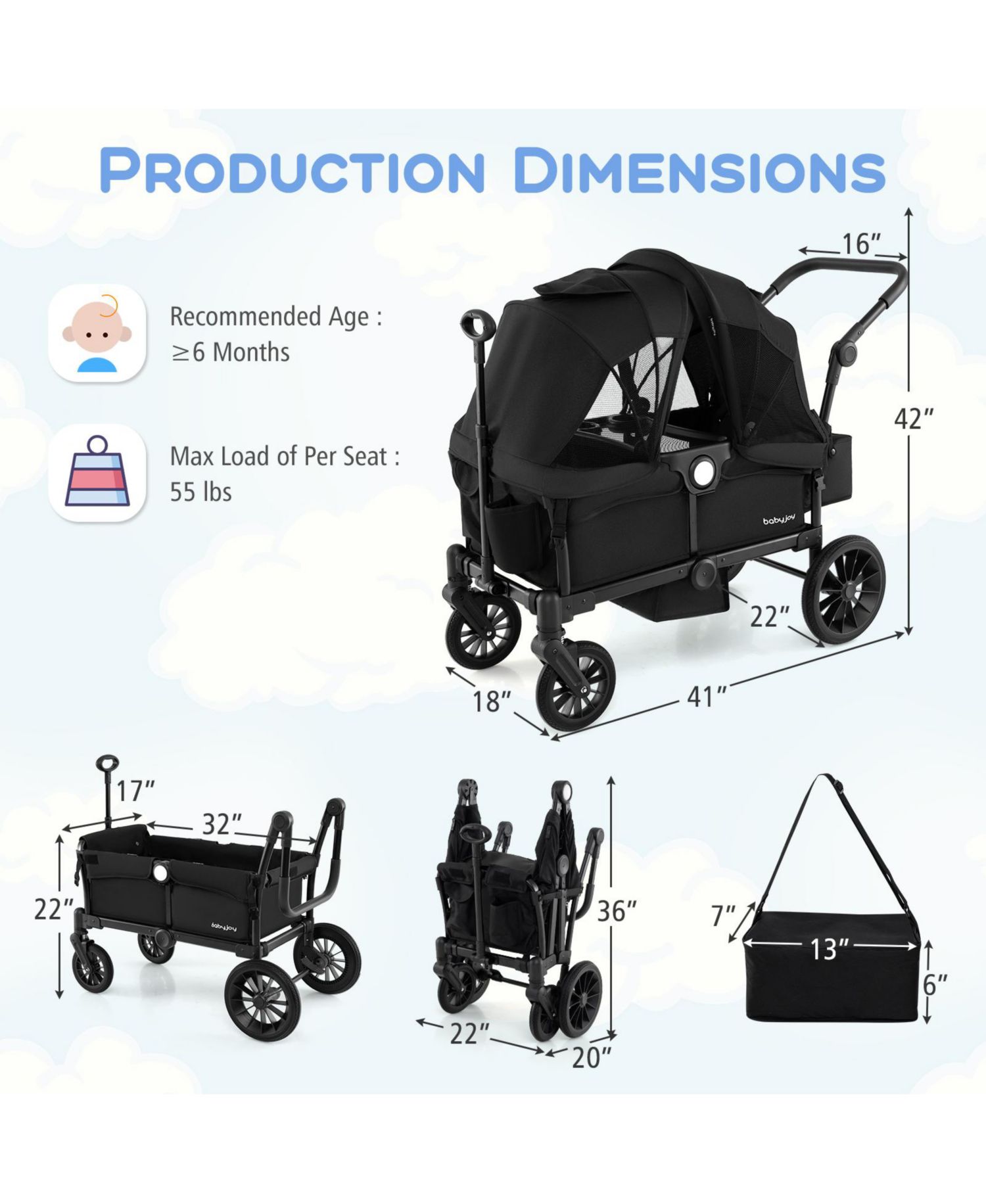Foldable Wagon Stroller for 4 Kids with Removable Canopy