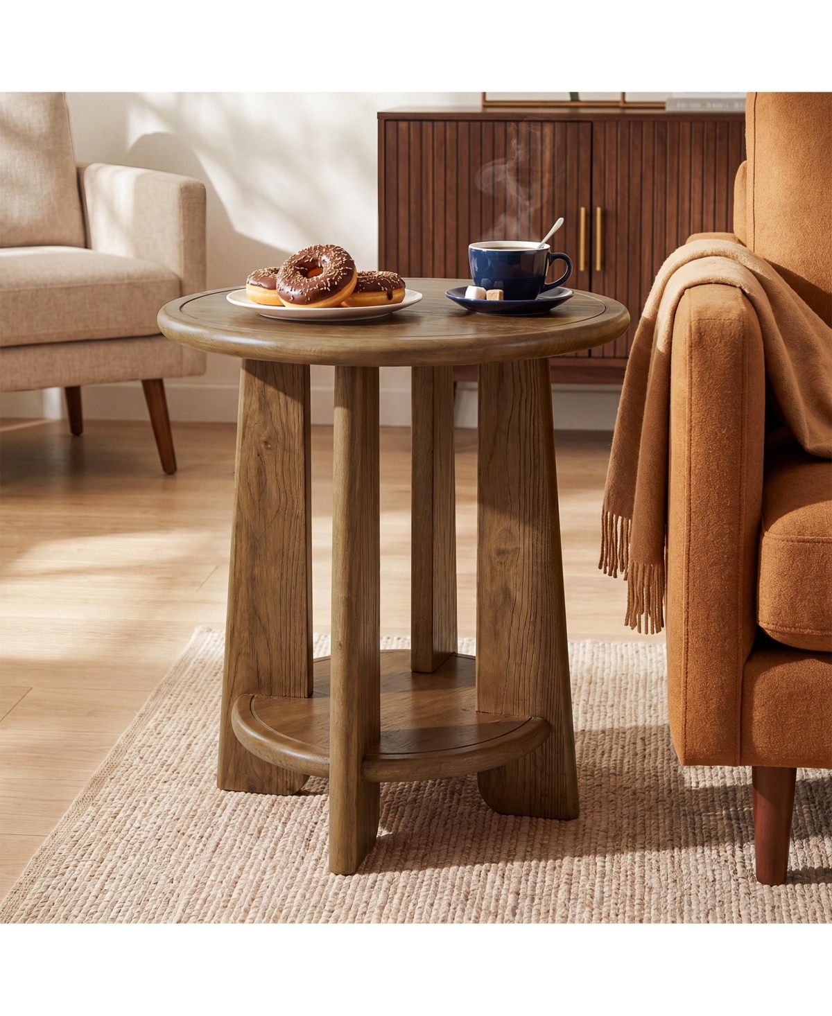 Tribesigns Round Solid Wood Oak End Table Set of 2, 2-Tier Side Table