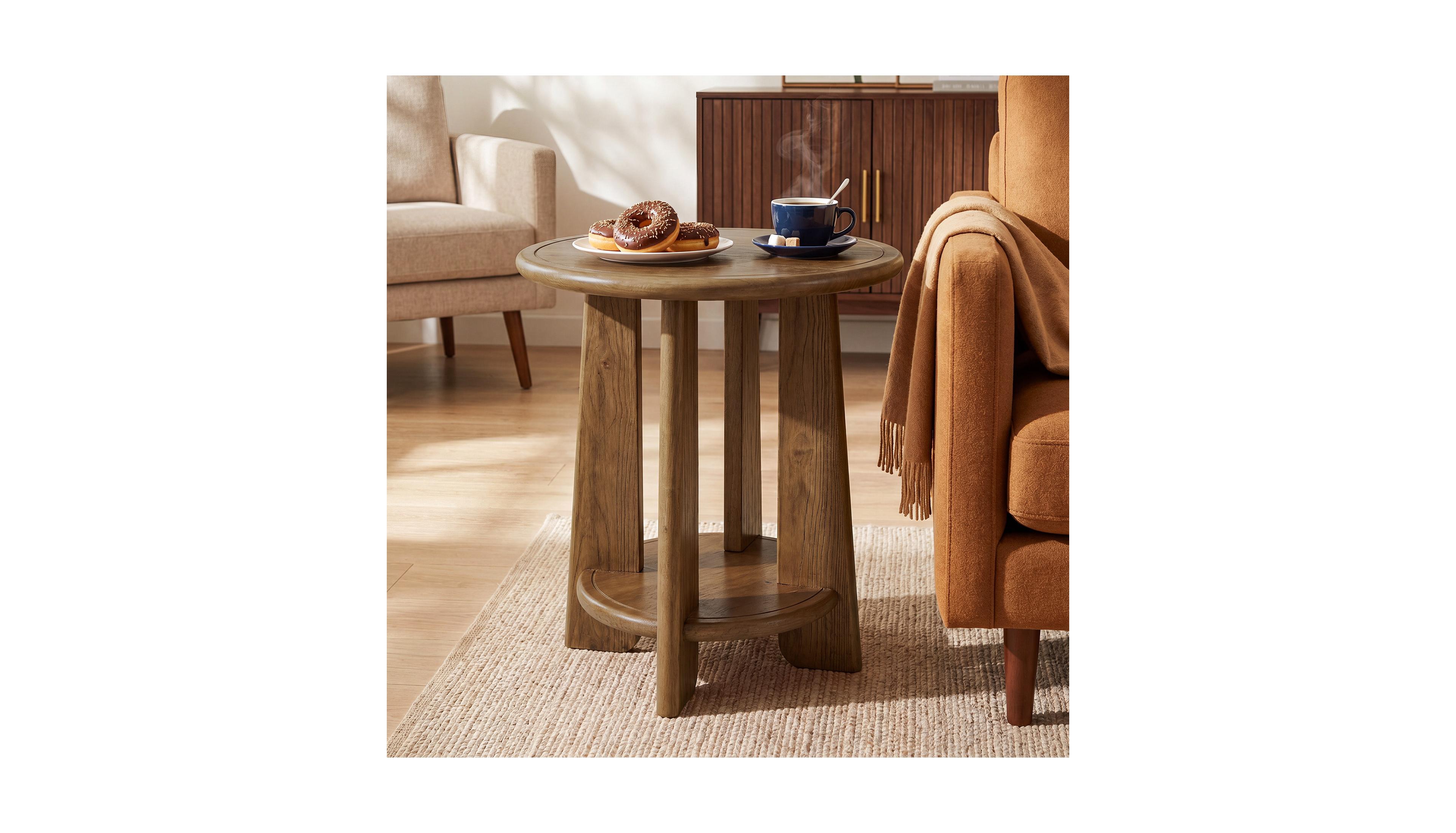 Tribesigns Round Solid Wood Oak End Table Set of 2, 2-Tier Side Table