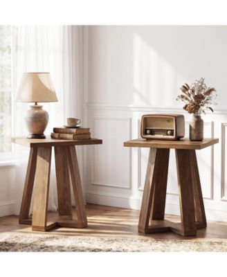 Square End Table Set of 2, Farmhouse Side Table with Cross Base