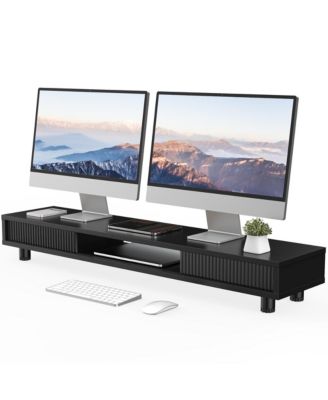 Dual Monitor Stand 2 Tier Storage Sliding Door Height Adjustable Desk Organizer