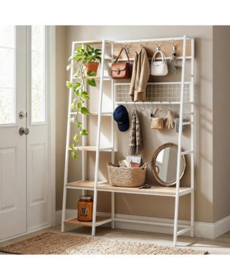 Hall Tree with Bench, Shoe Storage, Hooks and Side Shelves, Industrial Entryway Coat Rack Organizer for Foyer, Mudroom, Apartment
