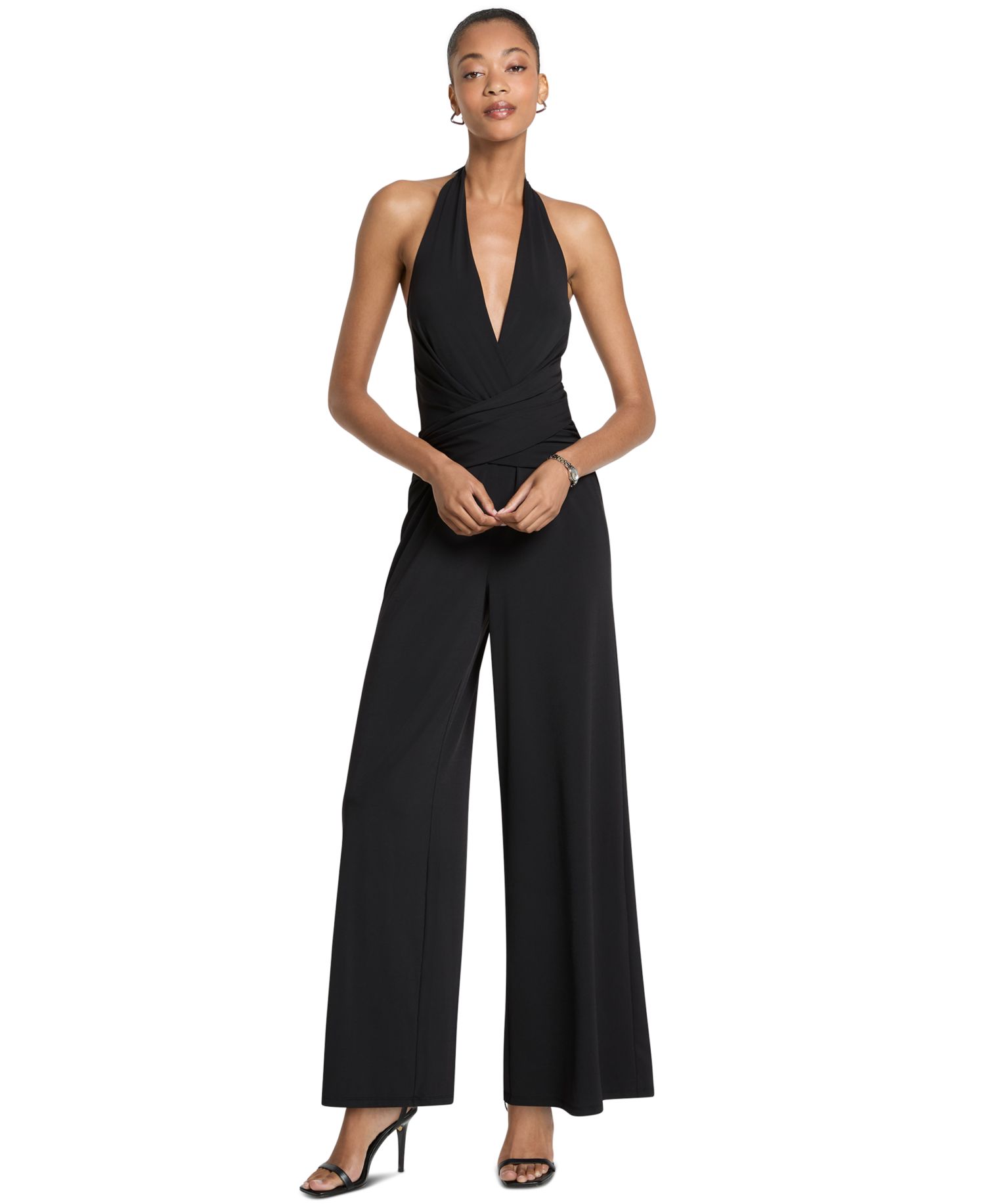 Women's Halter Wide-Leg Wrap-Front Jumpsuit