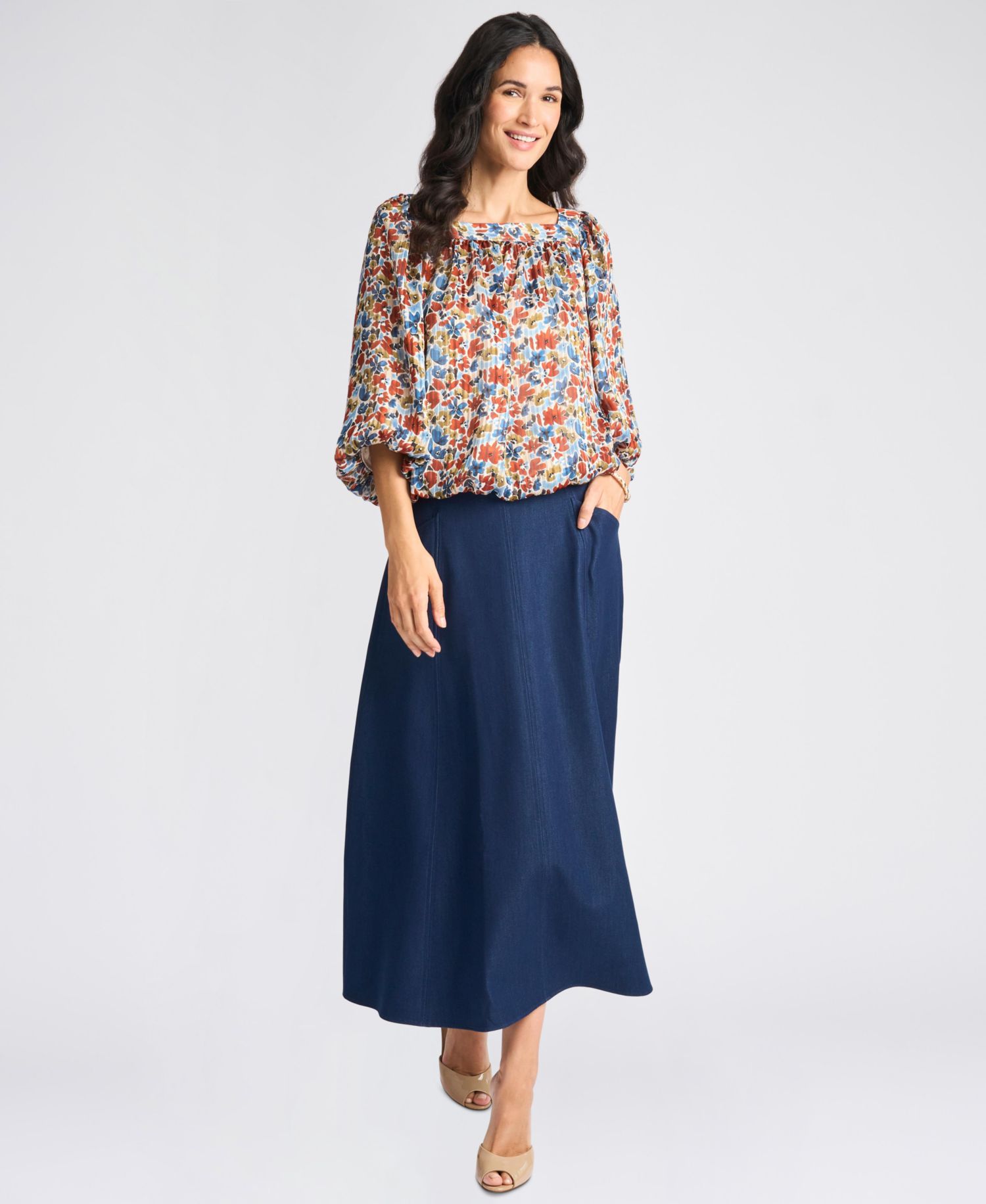 Women's Floral Square Neck 3/4-Sleeve Blouse