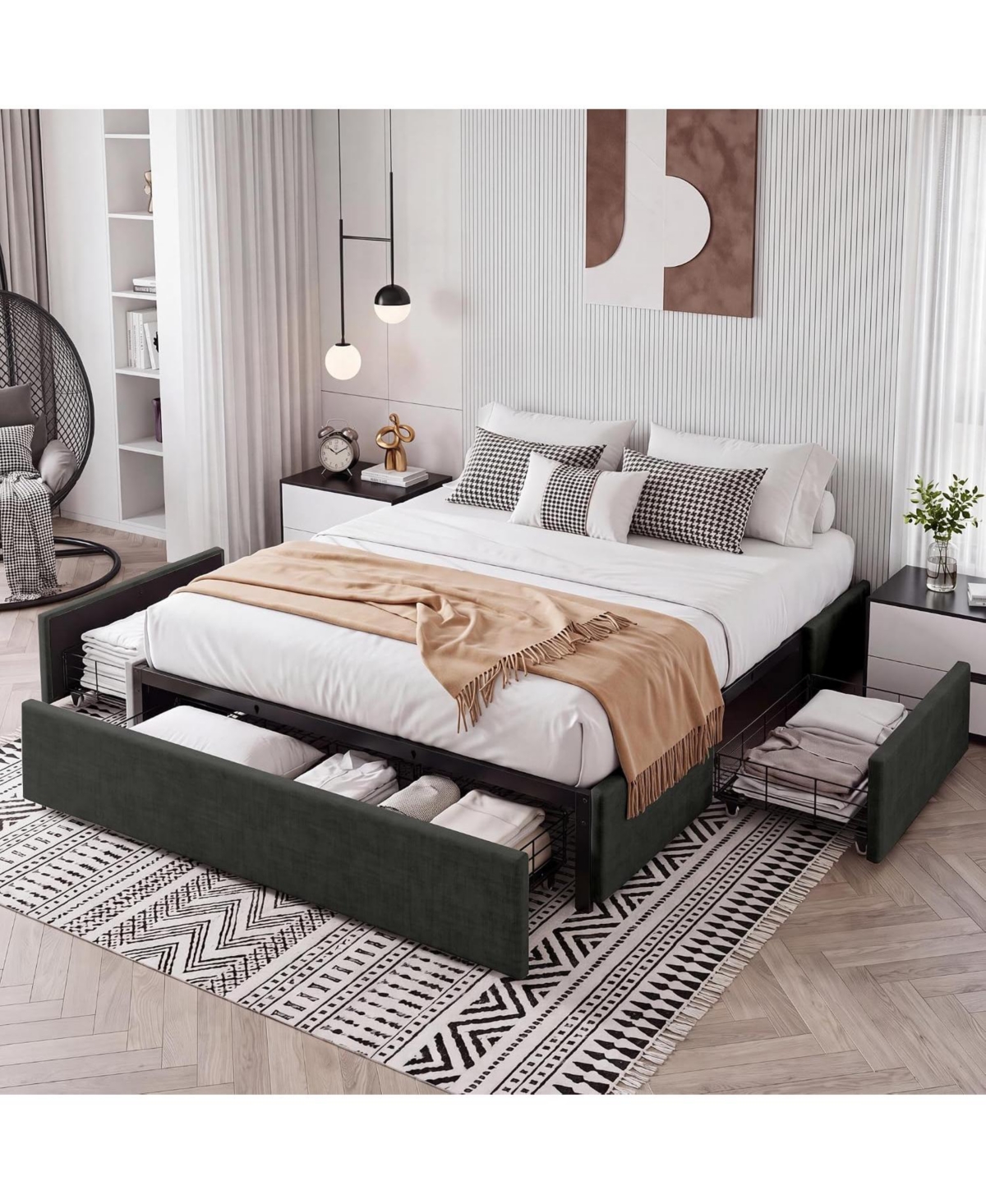 gaomon Queen Size Bed Frame with 3 Underbed Storage Drawers Platform, No Headboard, Mattress Foundation with Wooden Slat Support
