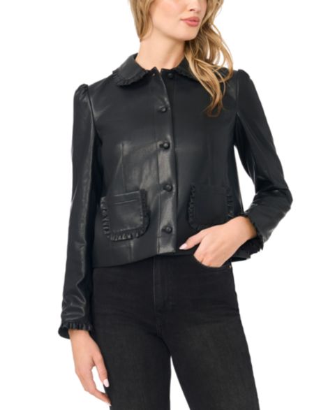 Женская куртка CeCe Ruffle-Trim Puff-Shoulder Faux Leather, цвет: Насыщенный чёрный