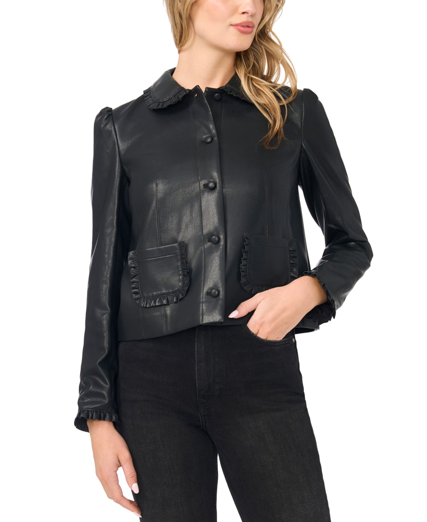 Women's Ruffle-Trim Puff-Shoulder Faux Leather Jacket