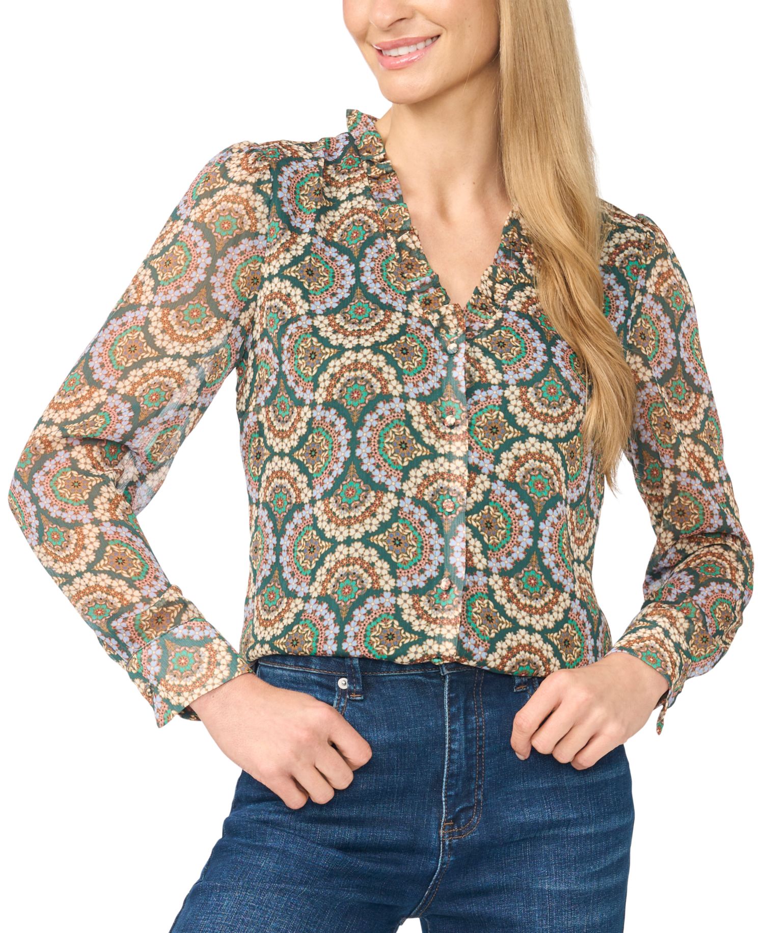 Women's Ruffle Button-Front V-Neck Blouse