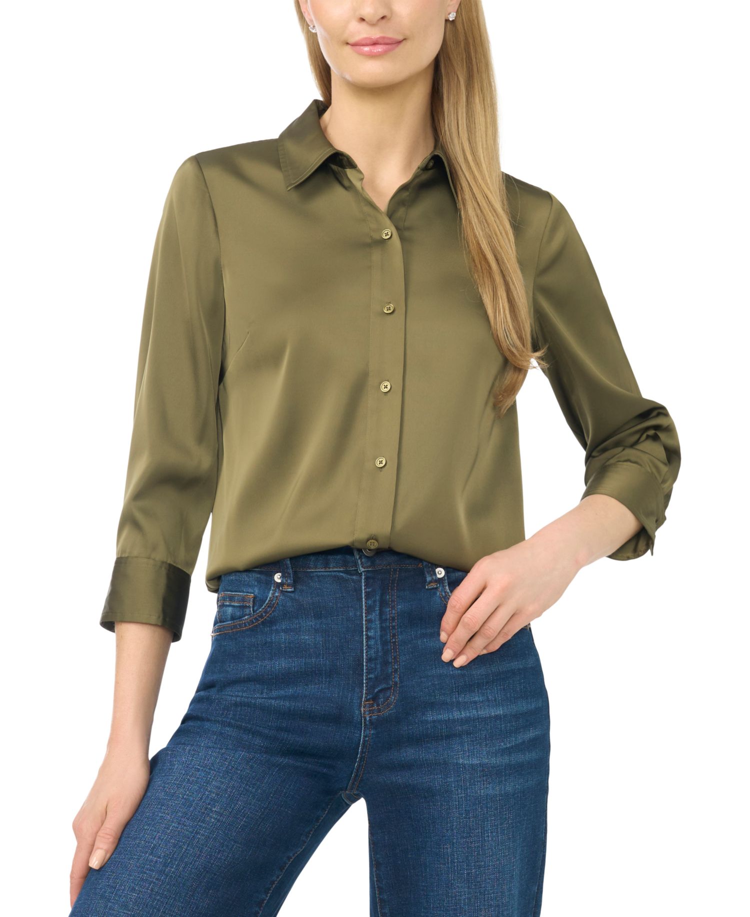 Women's 3/4-Sleeve Satin Button-Down Blouse