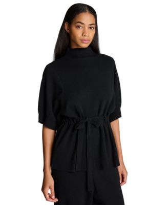 Women's Short Sleeve Tunnel Belt Mockneck Knit Sweater