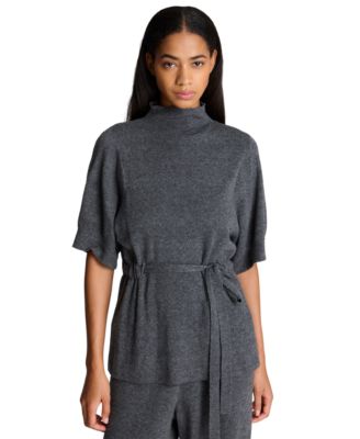 Women's Short Sleeve Tunnel Belt Mockneck Knit Sweater