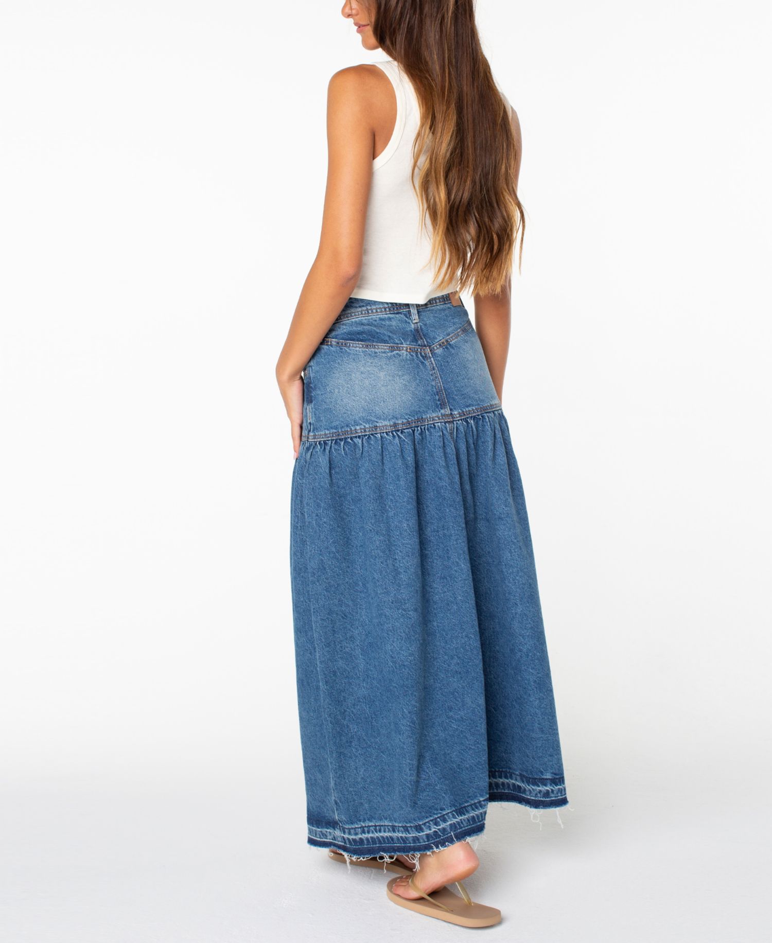 Women's Nocturne Prairie High-Waisted Tiered Maxi Denim Skirt