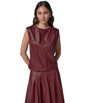 Women's Faux-Leather Sleeveless V-Back Blouse