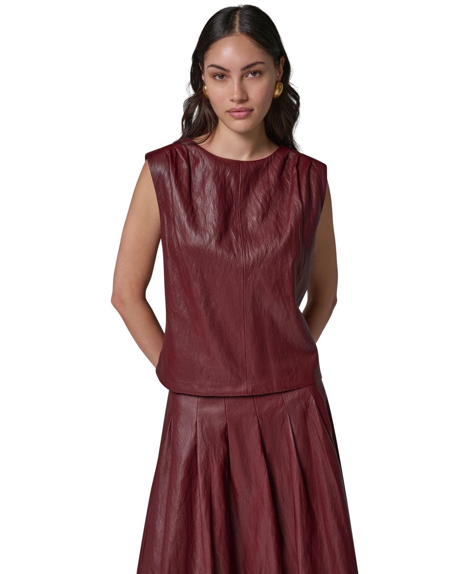 Women's Faux-Leather Sleeveless V-Back Blouse
