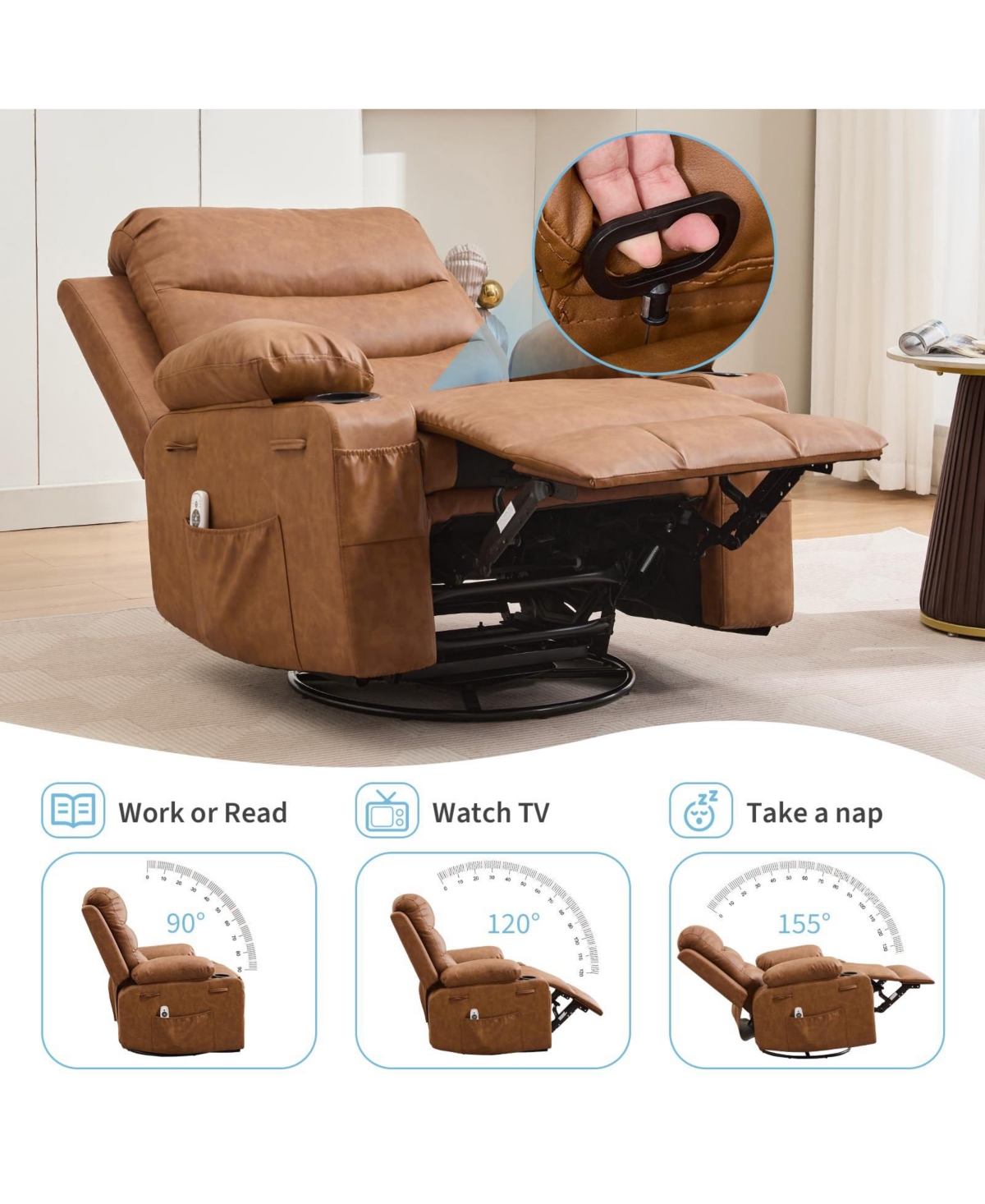 Oversized 360 Degree Swivel Glider Recliner Chair With Massage And Heating, Wide Seat Manual Lounge Armchair Cup Holder, For Living Room, Bedroom