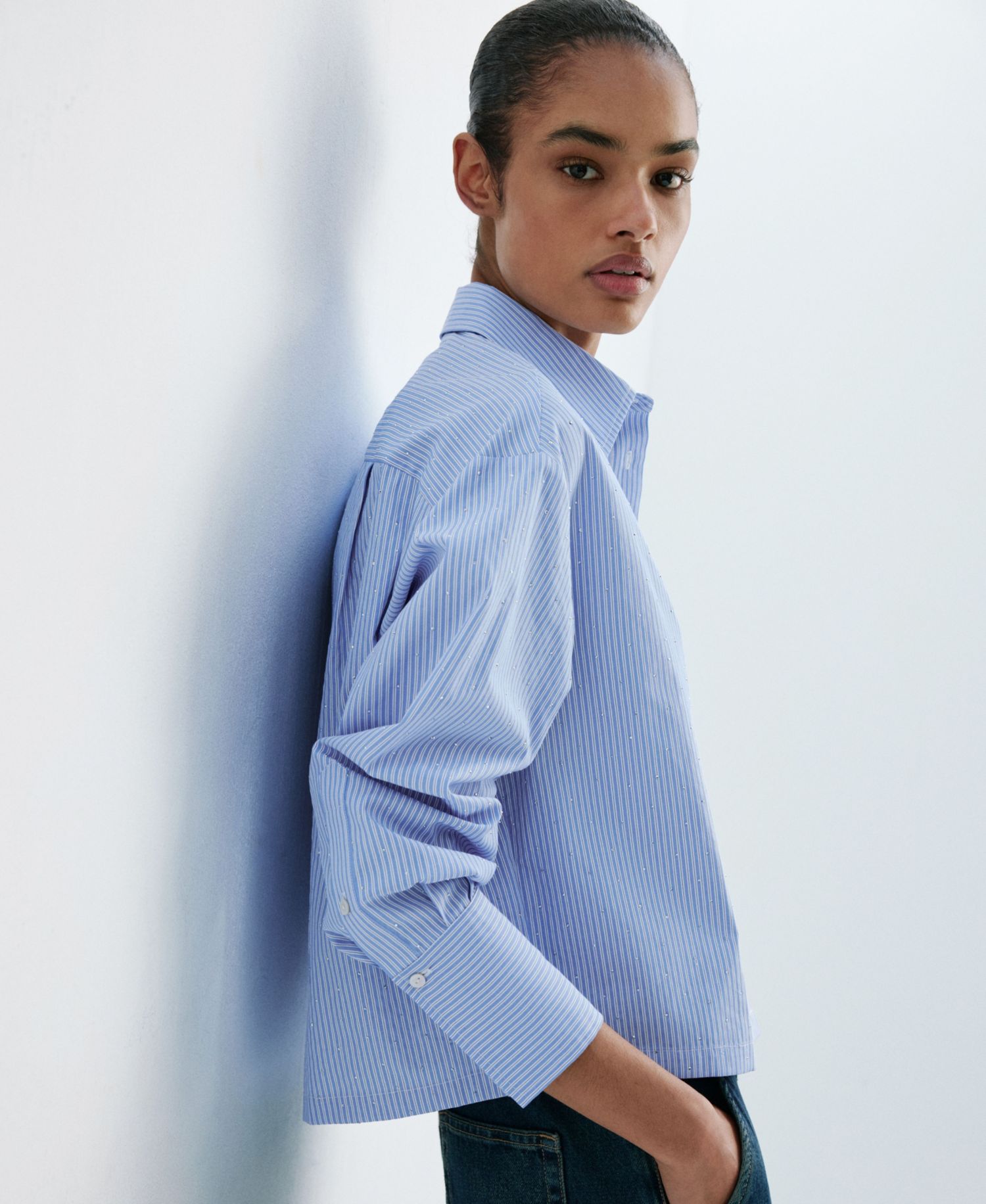 Women's Cropped Strass Striped Shirt