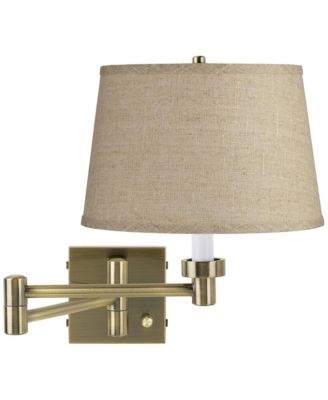 Vintage Swing Arm Wall Lamp Dark Antique Brass Plug-in Light Fixture Burlap Fabric Drum Shade for Bedroom Bedside Living Room Reading