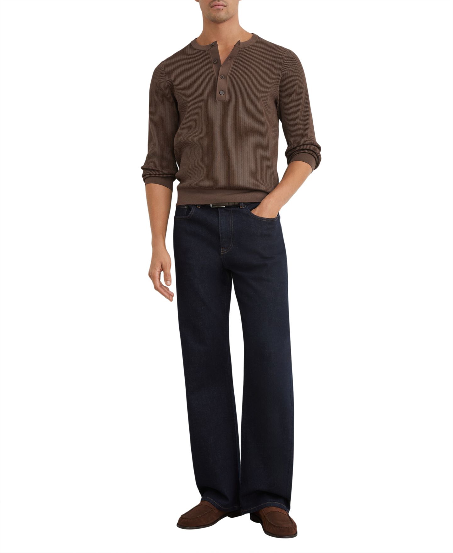 Мужская рубашка REISS Declan Ribbed Regular-Fit Long-Sleeve Henley, цвет: Шоколадный коричневый — фото 3