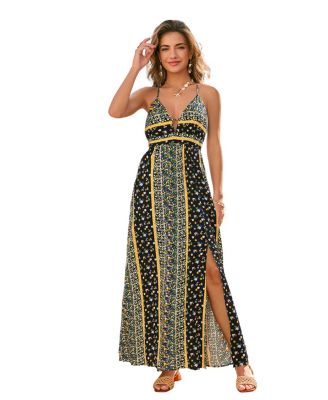 Women's Floral Print Halter Neck Side Slit Maxi Dress
