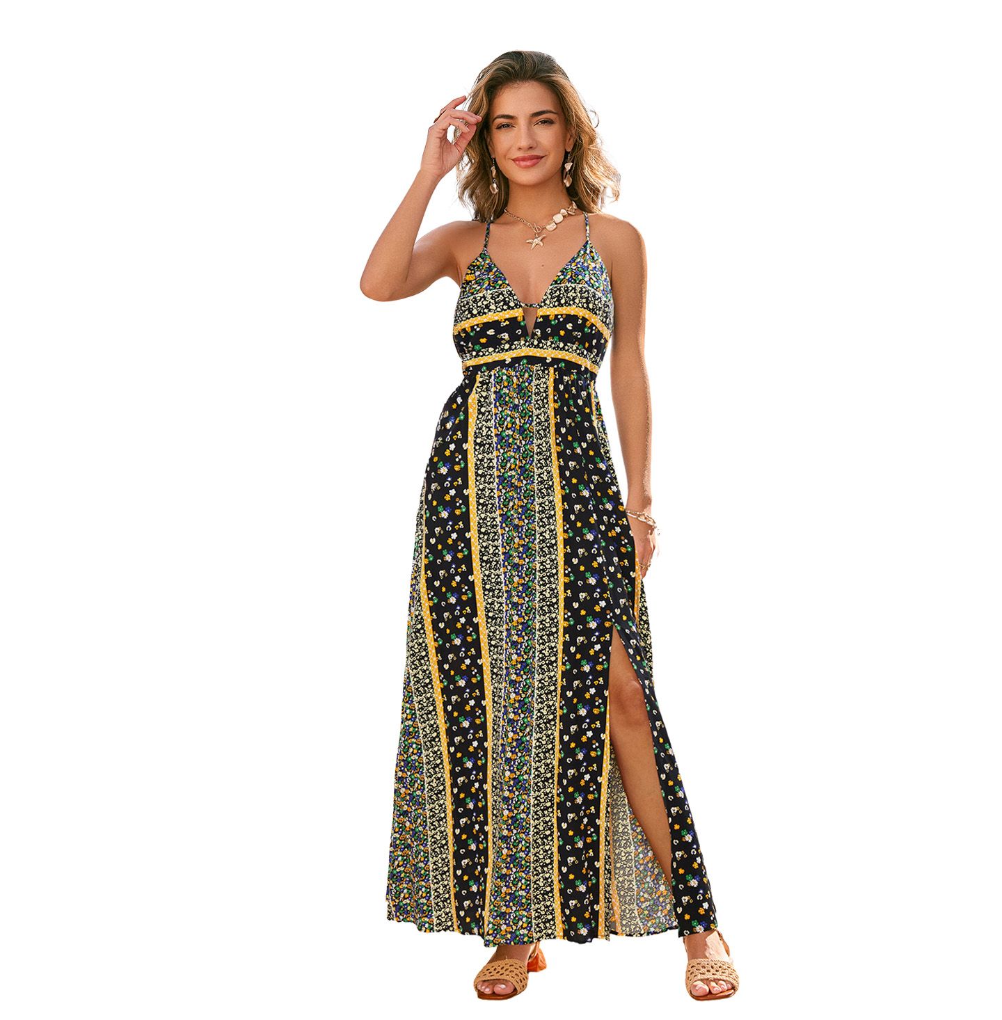 Женское платье Cupshe Floral Print Halter Neck Side Slit Maxi, цвет: Чёрный — фото 1