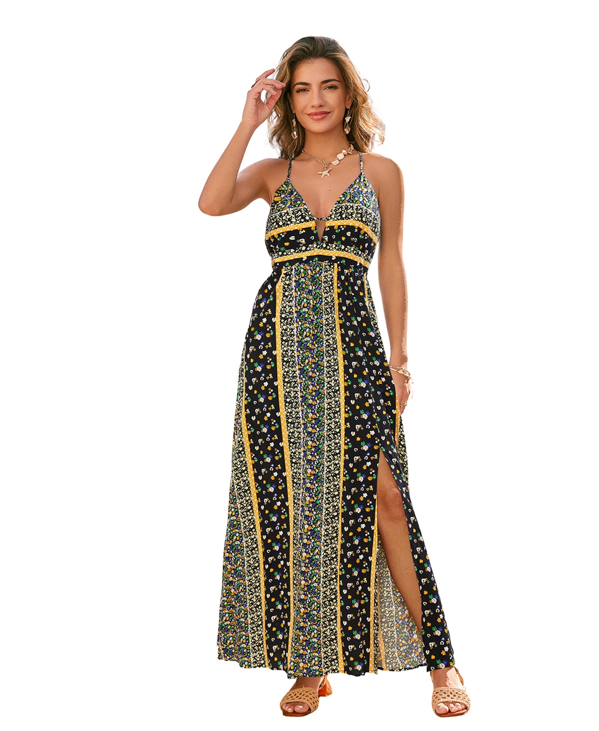 Cupshe Women's Floral Print Halter Neck Side Slit Maxi Dress - Black