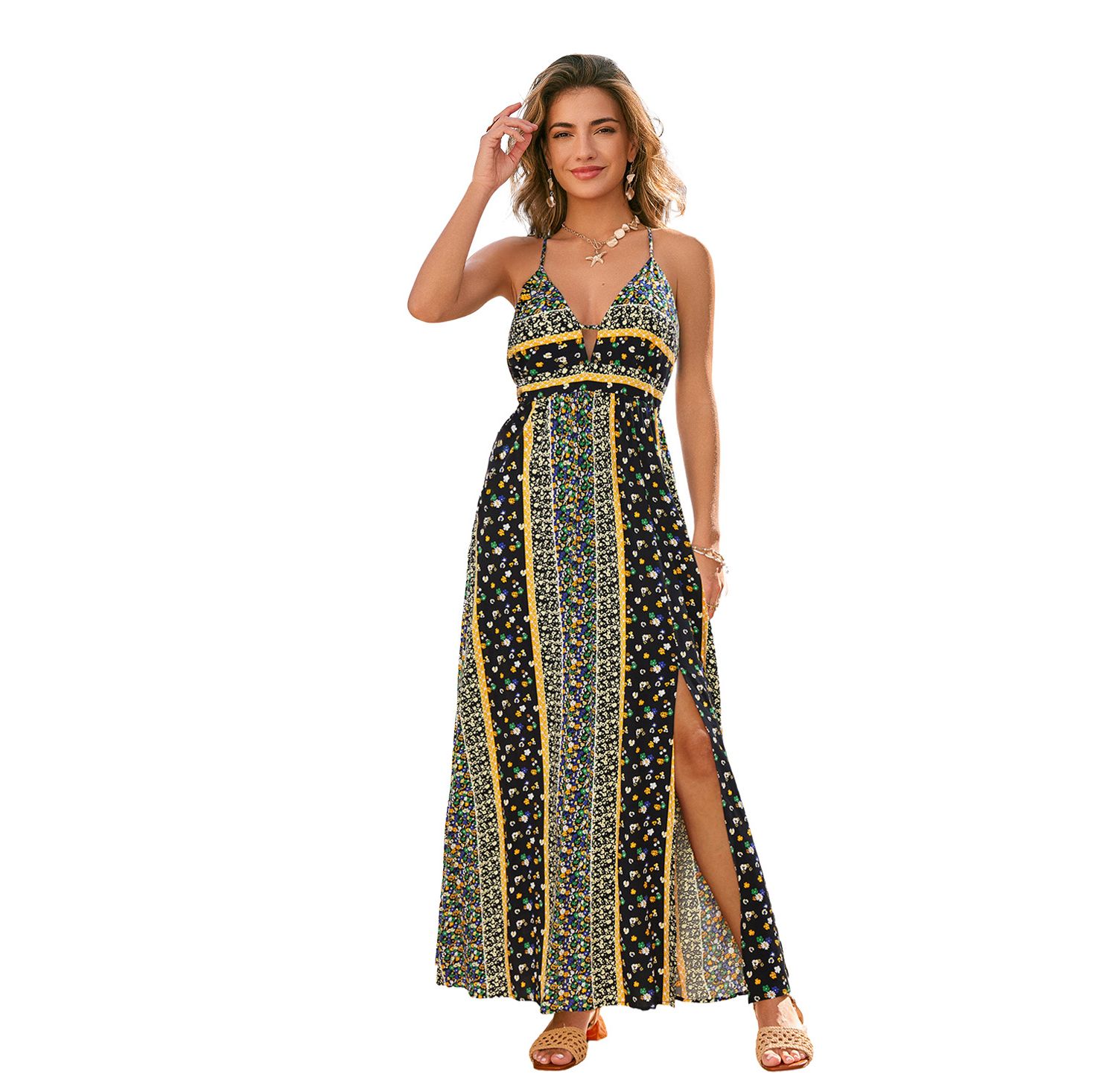 Women's Floral Print Halter Neck Side Slit Maxi Dress