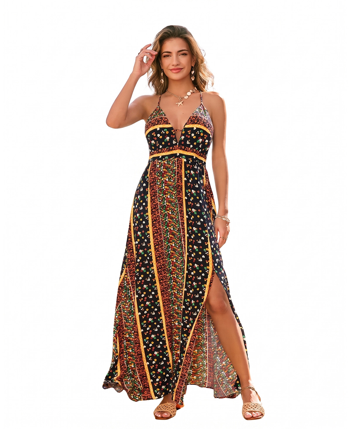 Cupshe Women's Floral Print Halter Neck Side Slit Maxi Dress - Brown