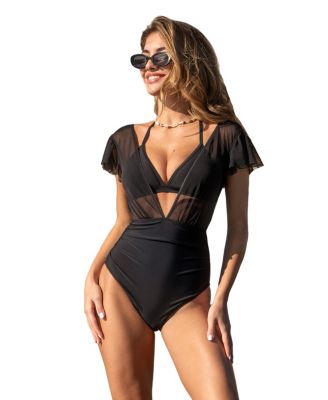 Women's Black Two-Way Mesh Bikini Top & High-Rise Bottoms Set