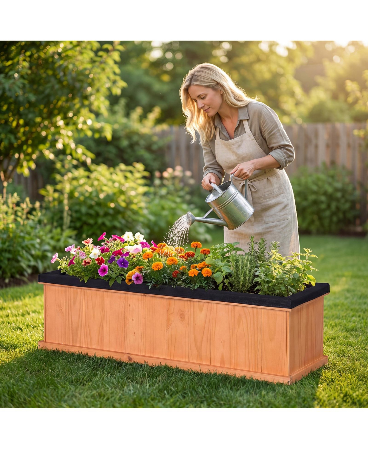 Gymax 2Pieces Wooden Raised Garden Bed With Drainage Holes and Liner Fir Wood Planter Box