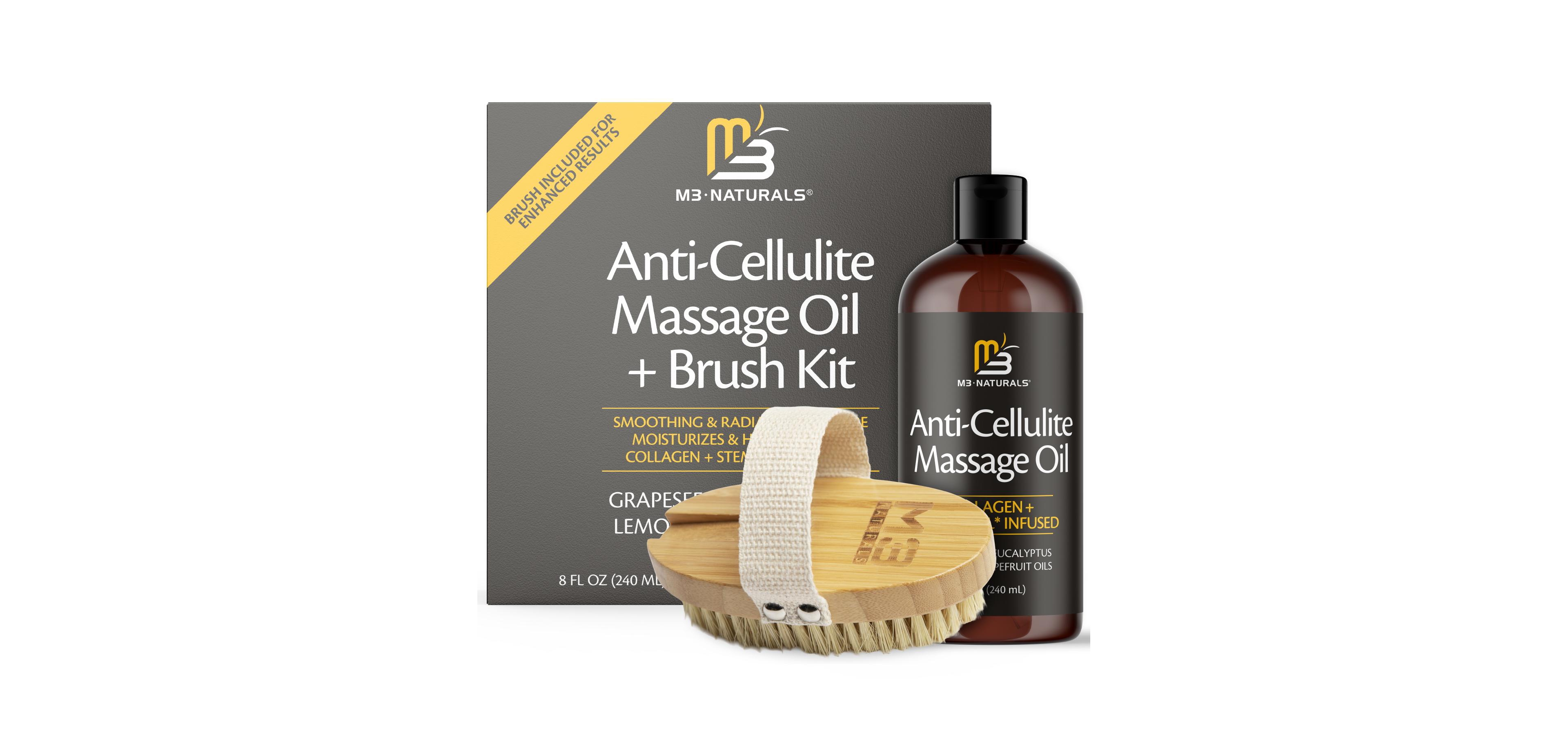 M3 Anti Cellulite Massage Oil and Dry Brush Body Care Kit with Collagen and Stem Cell 8 Ounce Massage Oil and Body Brush