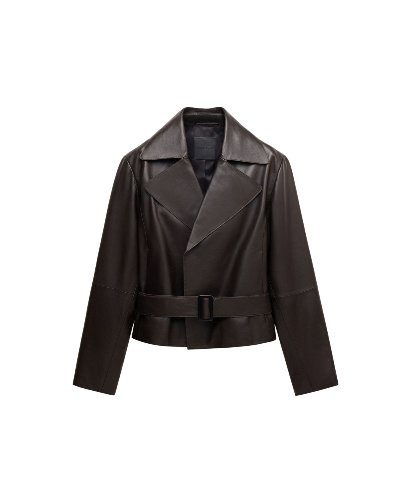 Женская куртка Mango Selection Leather Belted Cropped Trench, цвет: Шоколадный — фото 1