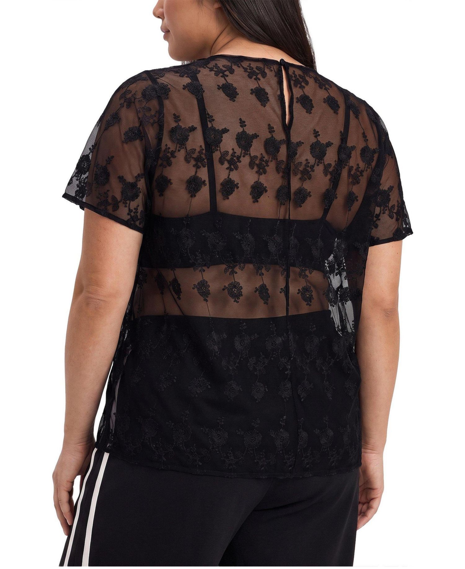 Plus Size Abbey Embroidered Mesh Scoop Neck Blouse