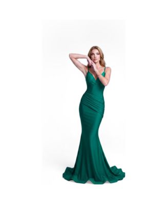 Women's Plunge-Neck Ruched Mermaid Gown
