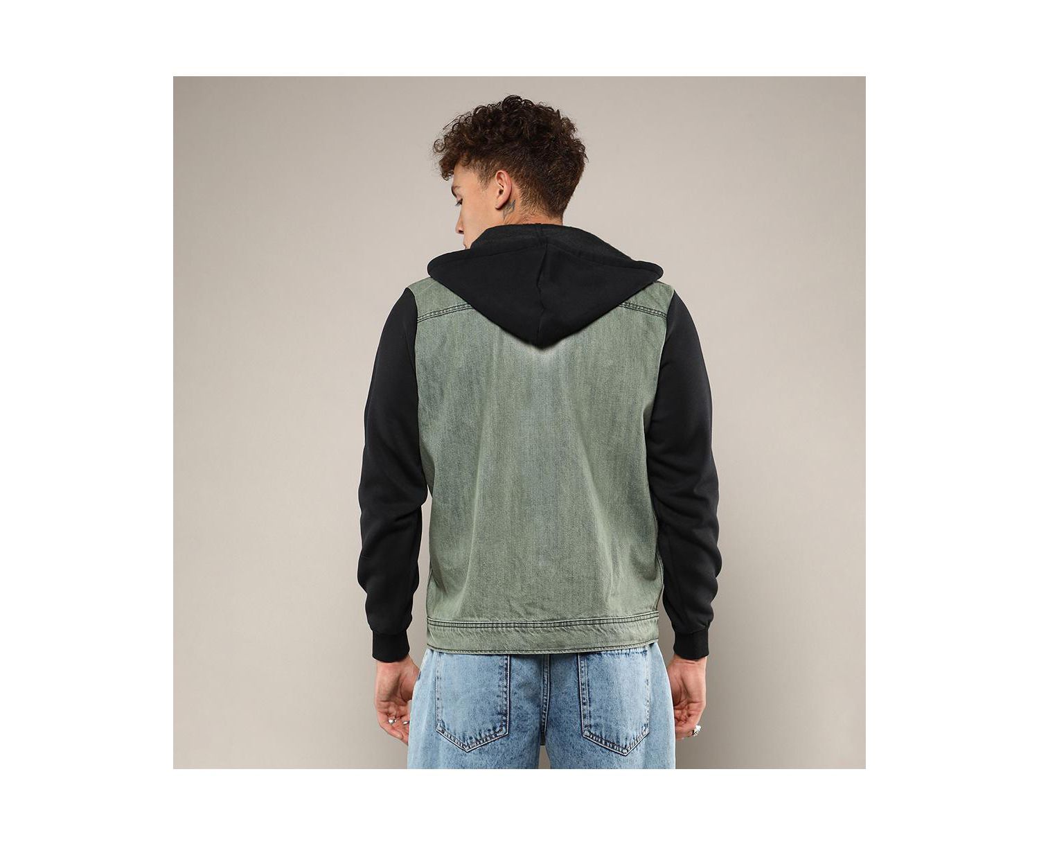 Men's Light-Wash Hooded Denim Jacket With Sweatshirt-Style Sleeves