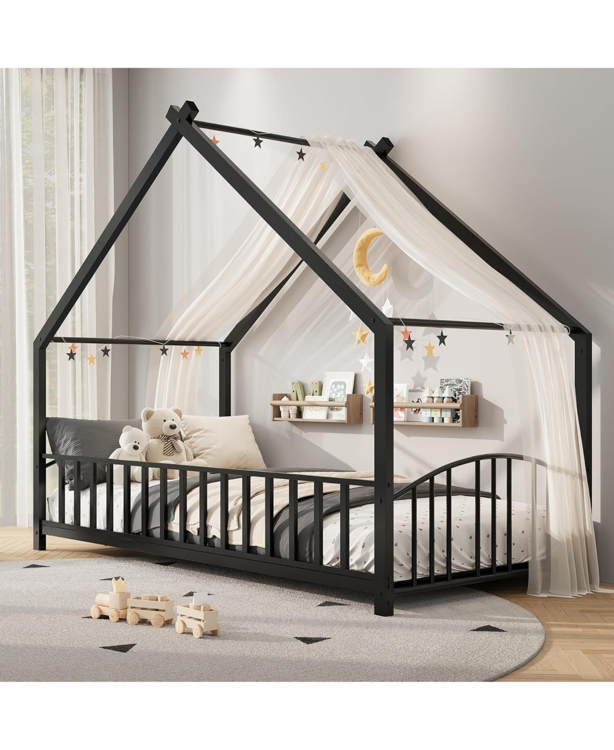 gaomon Montessori House Twin Size Floor Bed with Guardrails for Kids, Sturdy Metal Frame, Low Platform Bed with Safety Rails, Prevents Falling Out