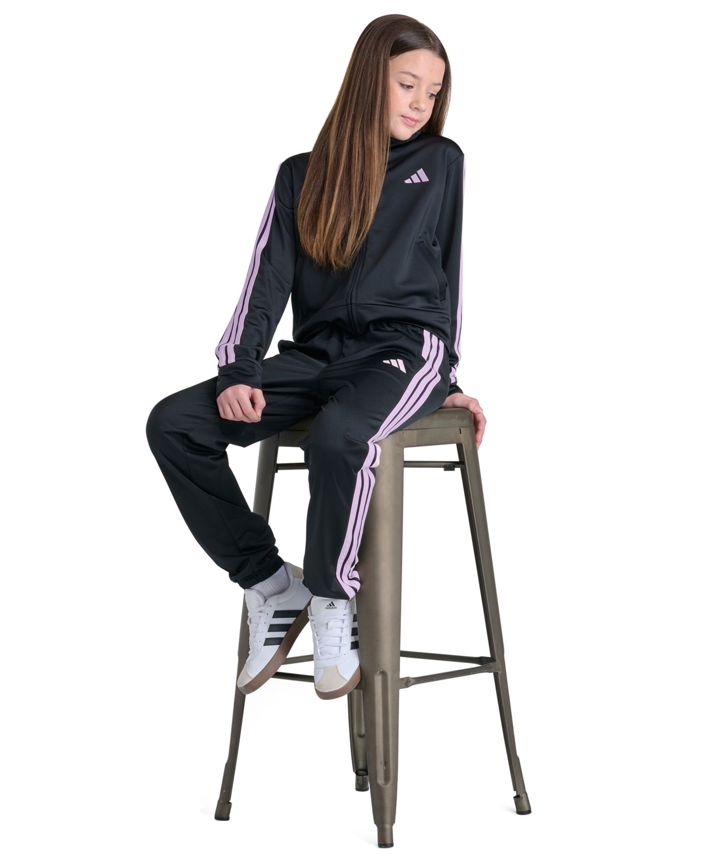 Детский комплект adidas 3-Stripes: куртка на молнии и зауженные брюки, 8-16, цвет: Чёрный / Розовый — фото 2