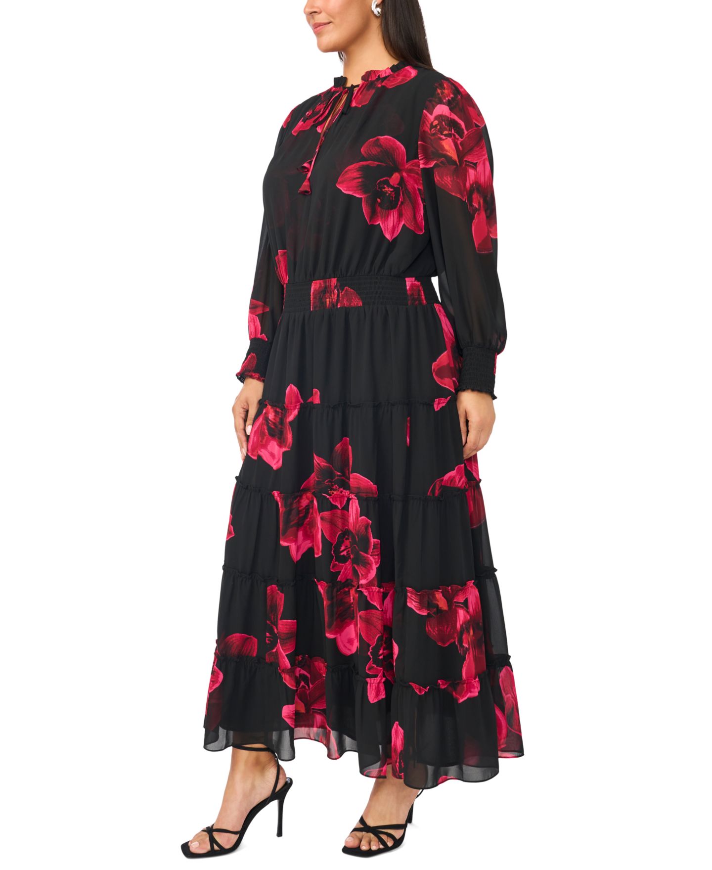 Женское платье MSK Plus Size Floral Long-Sleeve Smocked-Waist Maxi, цвет: Cordovan — фото 3